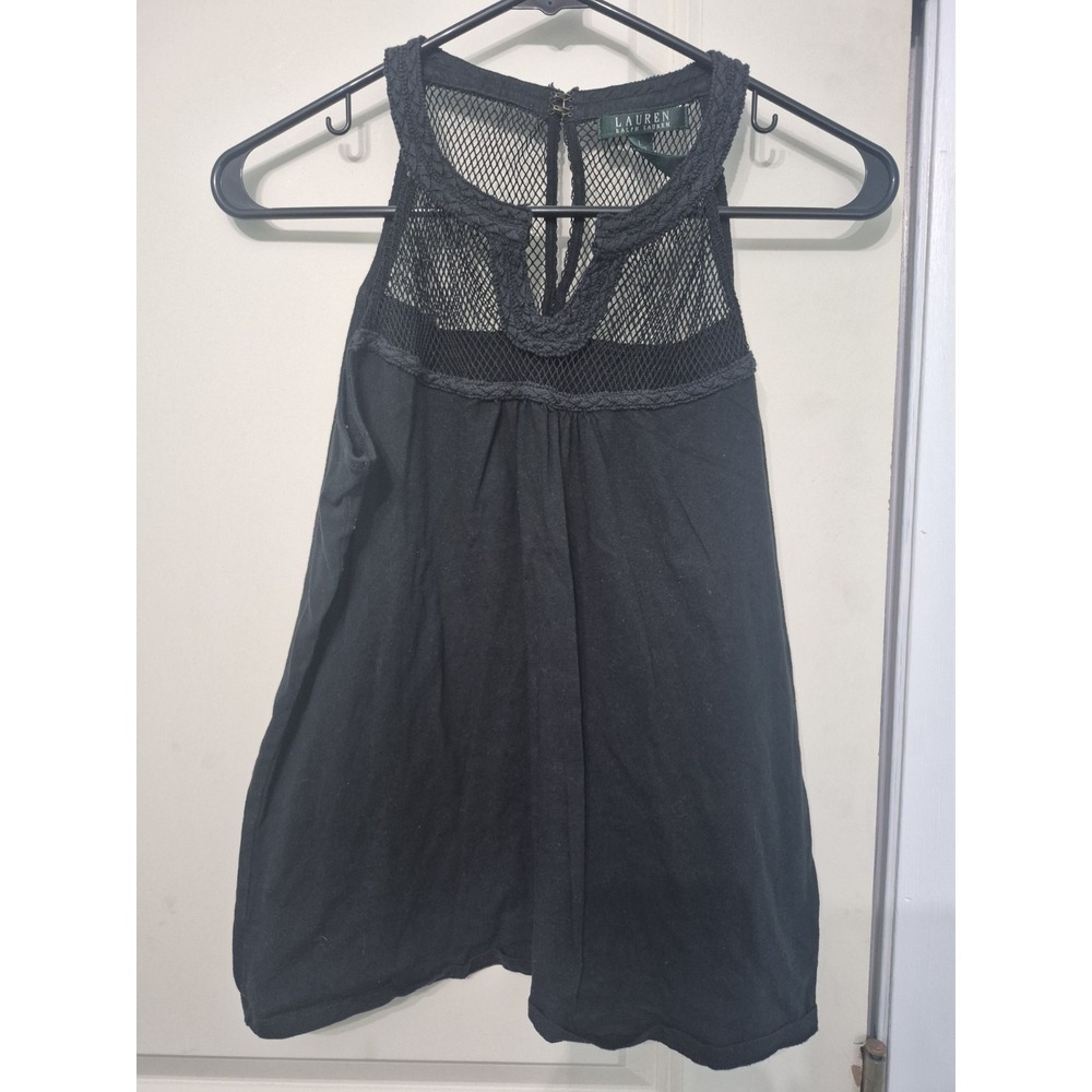 Lauren Ralph Lauren Womens Black Mesh Yoke Braided Trim Sleeveless Top Large